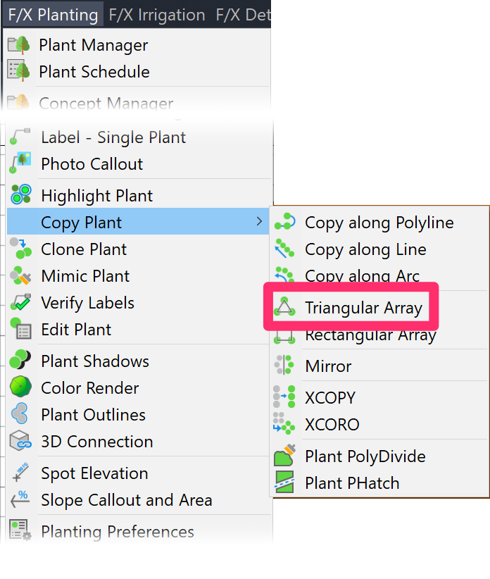 F/X Planting menu, Triangular Array option